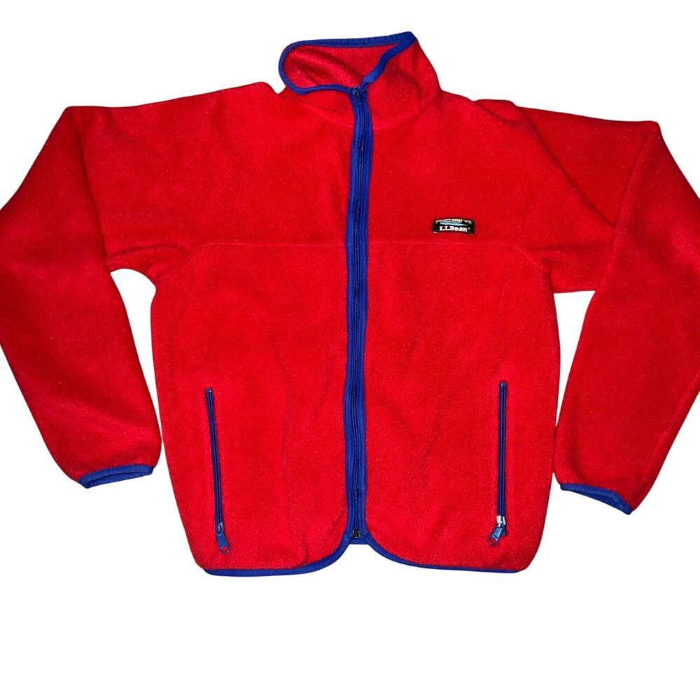 Vintage 90's L.L. Bean Fleece Jacket Red with blue Trim full zip adult size READ